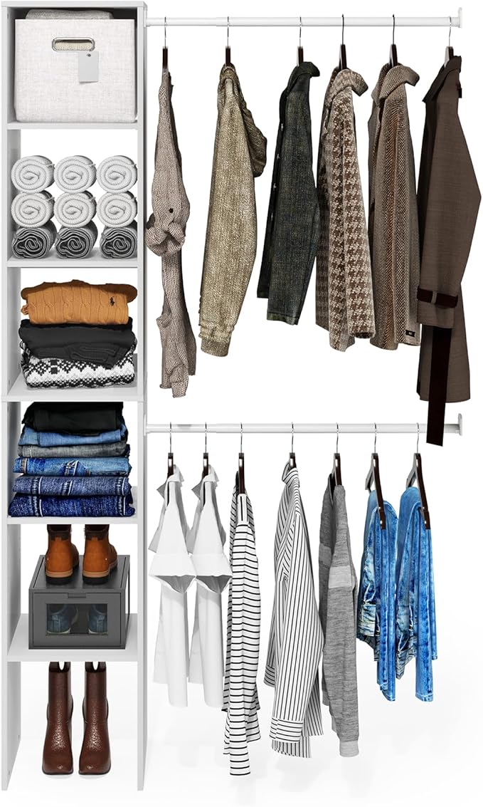Furinno FANO Closet Organizers and Storage, Closet Storage Organizer with 2 Hanging Bars, Wardrobe Closet Shelf Towers, for Wardrobe, Bedroom, Living Room, White
