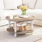 karlott Round Coffee Table, 30.3" Coffee Tables for Living Room, Solid Wood Veneer 2-Tier Center Table with Storage Shelf, Pine Leg, Boho Rustic Farmhouse Coffee Table for Living Room, Easy Assembly