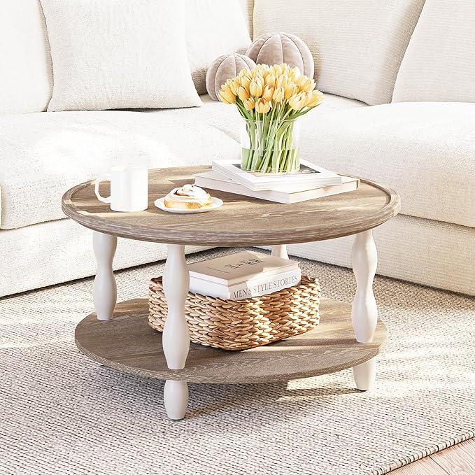 karlott Round Coffee Table, 30.3" Coffee Tables for Living Room, Solid Wood Veneer 2-Tier Center Table with Storage Shelf, Pine Leg, Boho Rustic Farmhouse Coffee Table for Living Room, Easy Assembly