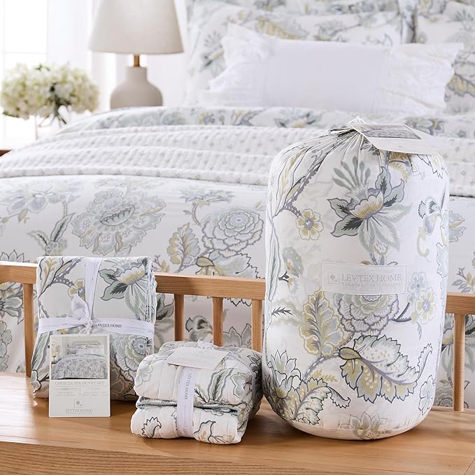 Levtex Home Ophelia Spa Reversible Twin Duvet Cover Set (68x88in) with 1 Pillowcase (26x20in) - Floral Bedding - Blue, Yellow, White - Rayon Twin Size Duvet Cover Set - Soft, Pre-Washed