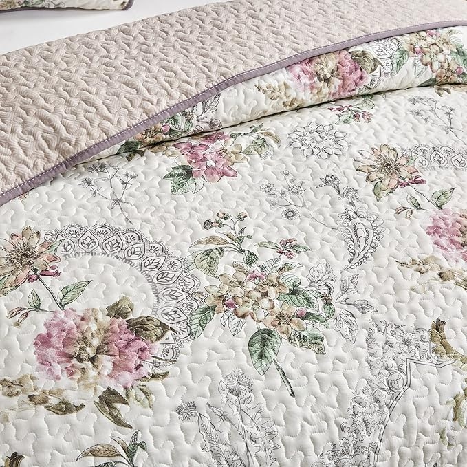 Flysheep 3 Pieces Quilt Set Full/Queen Size, Beige Floral Reversible Bedspread Coverlet Set, Soft Microfiber Lightweight Bed Cover for All Season (90" x 90", 1 Quilt+ 2 Pillow Shams)