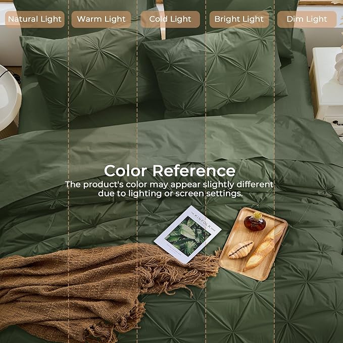 Sasttie King Size Comforter Set, 7-Piece Bed in a Bag, Pintuck Bedding Set for All Season, Includes Comforter, Flat Sheet, Fitted Sheet, Pillowcases and Pillowshams, Dark Green
