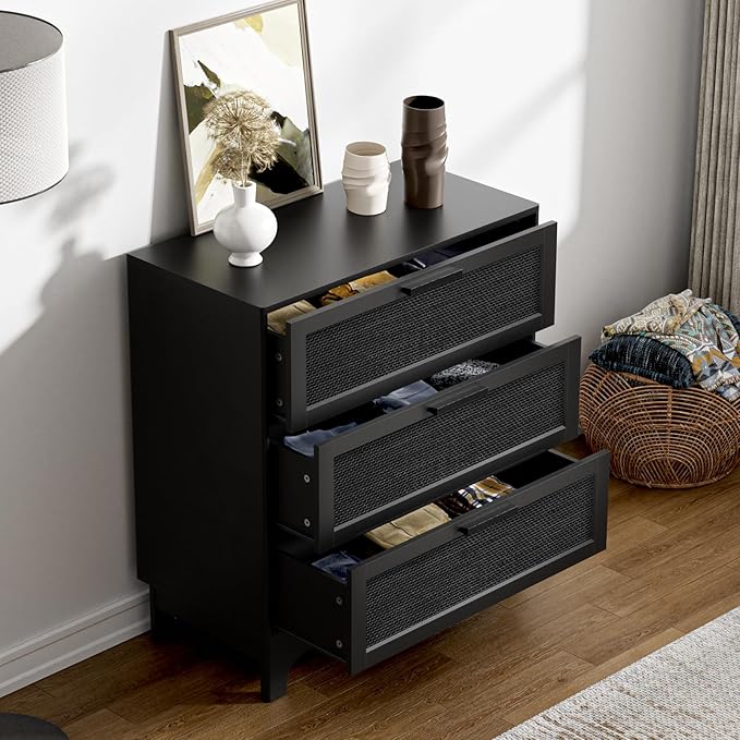 Anmytek 35" H Black Rattan Dresser, Farmhouse 3 Drawer Dresser with Natural Rattan Spacious Chest of Drawers for Living Room, Nursery, Hallway H0096