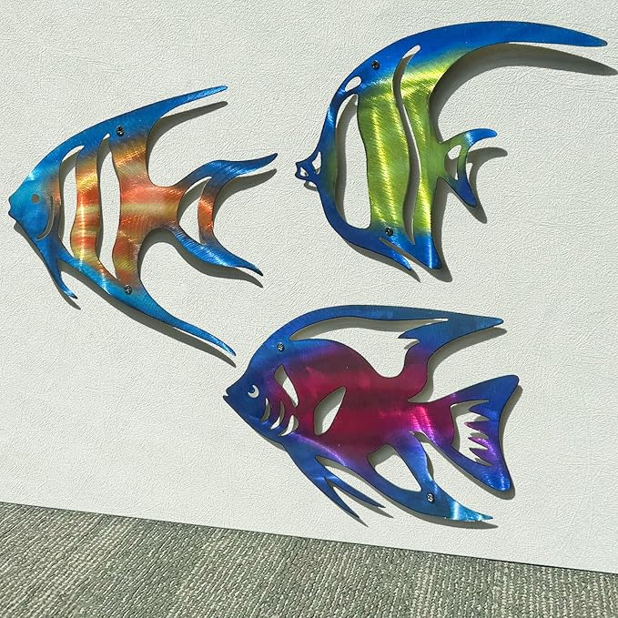 LiveInUrban Coastal Wall Art Angelfish Metal Wall Sculptures, Ocean Beach Themed Metal Hanging Home Decoration 3PCS 9.9"x7.8"