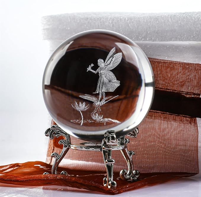 HDCRYSTALGIFTS 2.3in 3D Laser Crystal Fairy with Dragonfly and Lotus Figurines Crystal Ball Paperweight with Stand Base - 3D Engraving Glass Full Sphere Wedding Gift Home Decor