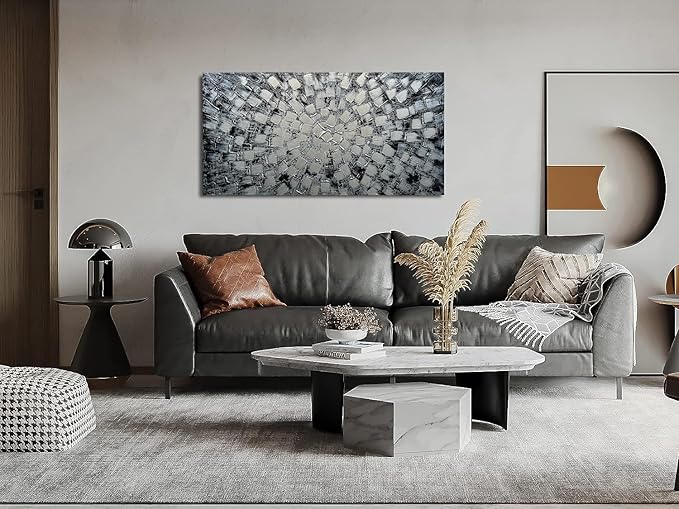 MyArton Textured Abstract Squares Canvas Wall Art Hand Painted Modern Black Silver Oil Painting Picture for Home Decoration Ready to Hang Horizontal or Vertical 40x20inch