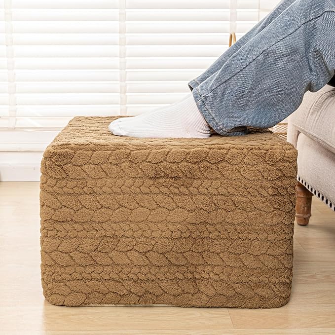 20x20x14 Inches Fluffy Square Pouf Ottoman - Plush Furry Ottoman Foot Rest Stool with High-Density Foam, Versatile Floor Seating for Living Room (Coffee)