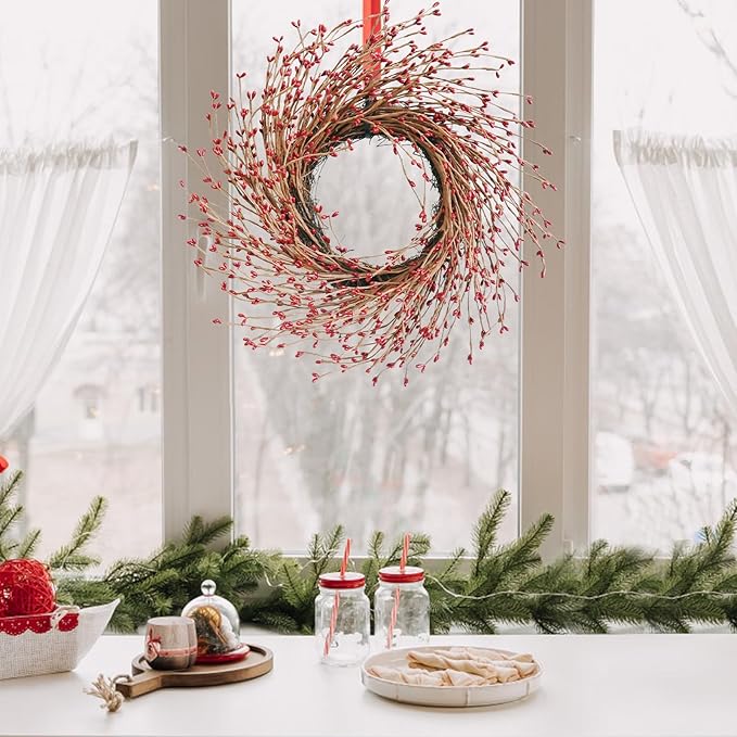 Spring Front Door Wreath - 18 Inch Artificial Twig Wreath with Red & Burgundy Berries, Eucalyptus Leaves, Grapevine for Farmhouse Window Hanging Christmas Decor