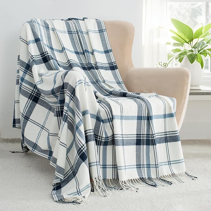 Blue and White Plaid Throw Blanket for Couch,50"X60" Super Soft Cozy Warm Home Decorative Throws with Tassels for Bed Sofa Picnic