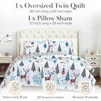 Southshore Fine Living, Inc. Christmas Bedding Set, Twin Size Christmas Quilt Set with Matching Pillow Sham, Holiday Bedding Set, Reversible Quilt, Cute Trees & Reindeer Over Red Plaid Print