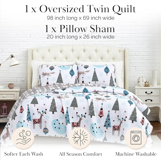 Southshore Fine Living, Inc. Christmas Bedding Set, Twin Size Christmas Quilt Set with Matching Pillow Sham, Holiday Bedding Set, Reversible Quilt, Cute Trees & Reindeer Over Red Plaid Print