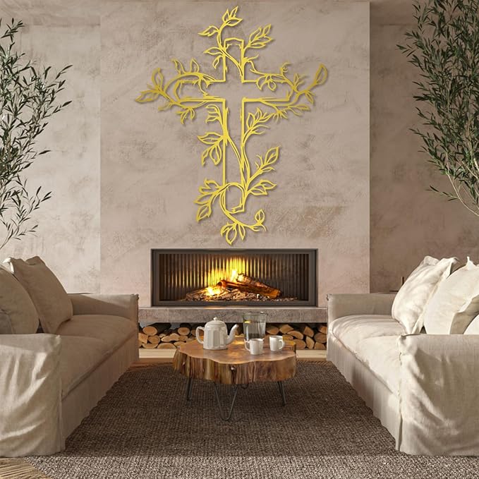 Hotuijxca Cross Metal Wall Art, Tree of Life Crosses Metal Wall Decor, Christianity Wall Art for Living Room, Bedroom(Gold,31" x 25" / 80 x 64 cm)