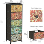 GiftGo Retro Dresser with Fabric Drawers Boho Mandala Flower Chest of Drawers Narrow Storage Tower for Small Spaces Gaps Bedroom Beautiful Nightstand Living Room Table (Mandala, 5 Drawers)