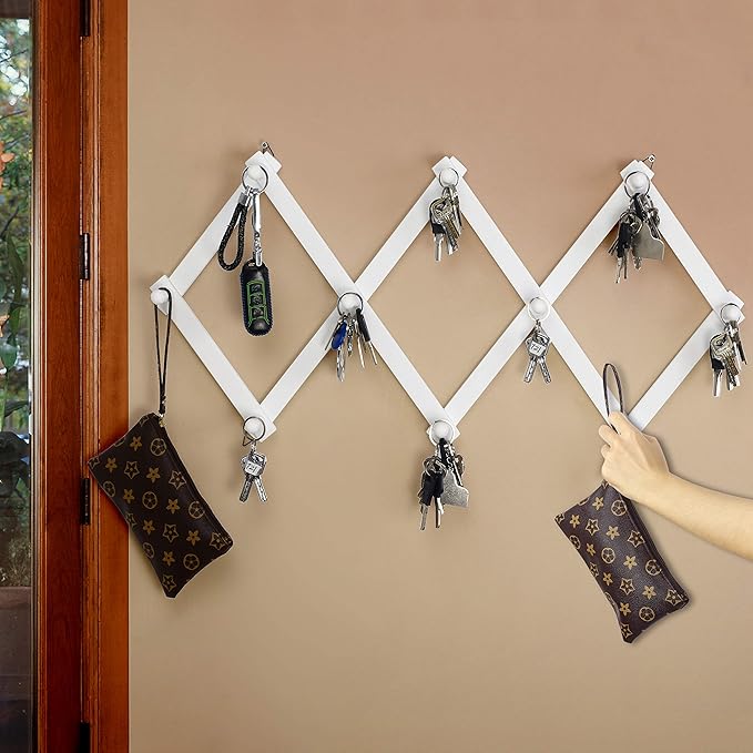 Dseap Accordian Wall Hanger: 16” High Wooden Wall Expandable Coat Rack, Hat Rack Holder, Accordion Hook for Baseball Caps, Coats, Mugs, 10 Peg Hooks, White