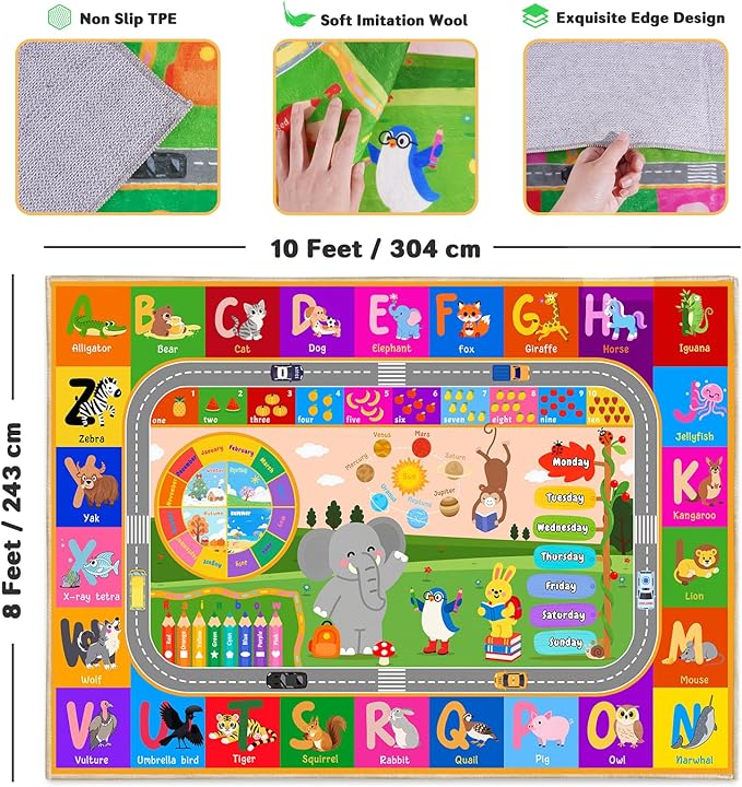 Kids Rugs for Classroom 8' x 10', Kids Educational Area Rugs for Learning ABC Alphabet, Numbers, Colors, Animal Words and Season, Washable Kid Room Rug Play Mat for Playroom Bedroom