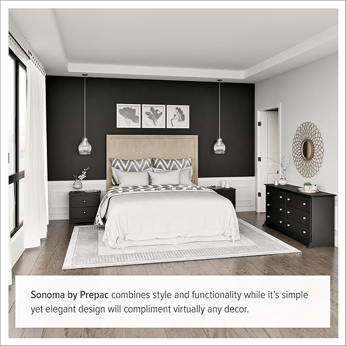 Prepac Sonoma 6-Drawer Double Dresser for Bedroom, Wide Chest of Drawers, Traditional Bedroom Furniture, 59"W x 17.5"D x 29"H, Black