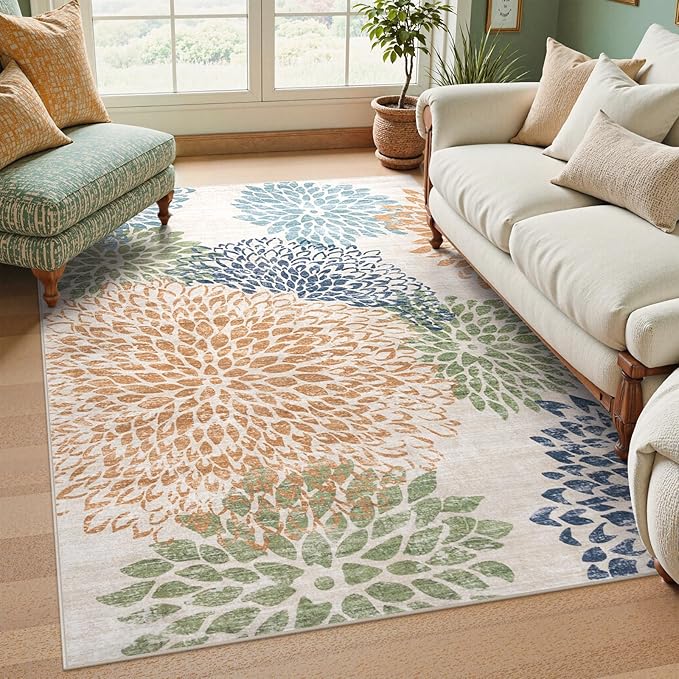 Dahlia Washable Area Rugs 5x7, Boho Floral Rug for Bedroom Dorm, Multicolored Soft Low Pile Living Room Rugs,Leaves Non Slip Throw Carpet for Classroom Nursery Office,Multi