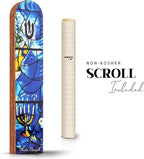 SURI Wooden Mezuzah with Printed Scroll for Door – 5 Inch Chagall Inspired Blue Jewish Door mezuzah Cover, Self-Stick Adhesive, Fits a 4 Inch Scroll, Gift Box Included