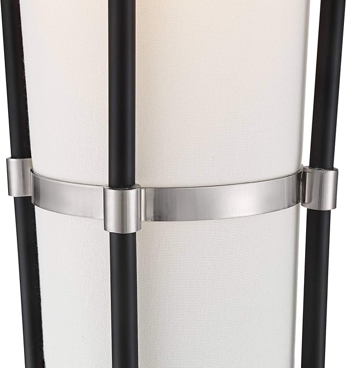 Possini Euro Design Flute Modern Torchiere Floor Lamp Standing 64" Tall Sleek Satin Black Brushed Nickel Metal White Sculptural Linen Shade for Living Room Reading House Bedroom Home Office