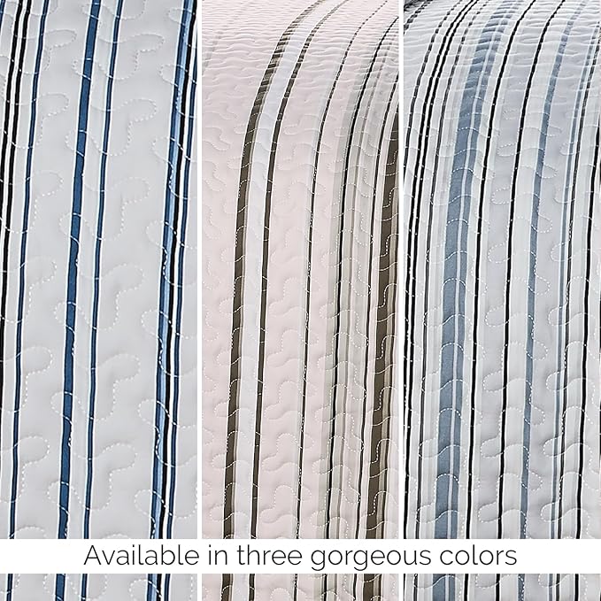 Southshore Fine Living, Inc. Oversized King Quilt Set, All Season Striped Blue Bedspread Set, 3-Piece Coastal Bedding, California/King Coverlet Sets with Shams, Soft Microfiber Quilt, Blue Stripes