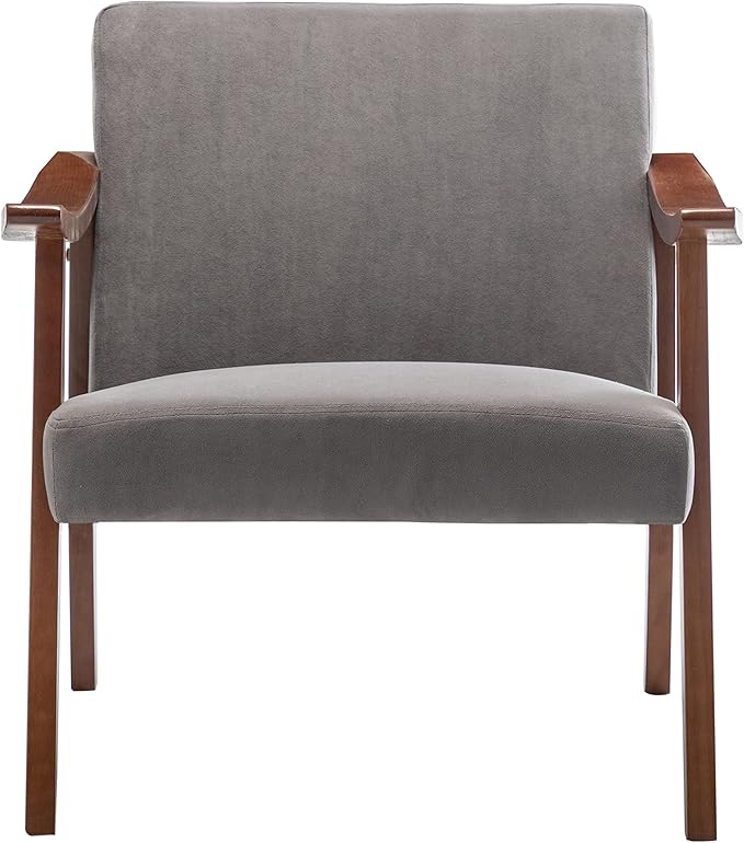 Accent Chair with Velvet Upholstery and Solid Wood Frame, Classic Mid-Century Modern Living Room Furniture for Extra Seating, Grey