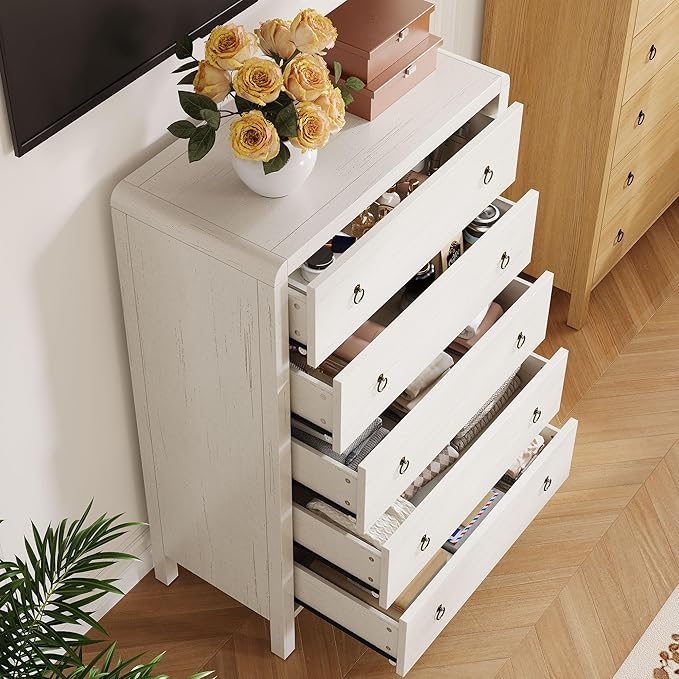 IDEALHOUSE Dresser for Bedroom with 5 Drawers, White Chest of Drawers with Storage, Tall Nightstand with Metal Handles, Side End Table, Accent Storage Cabinet for Living Room, Entryway