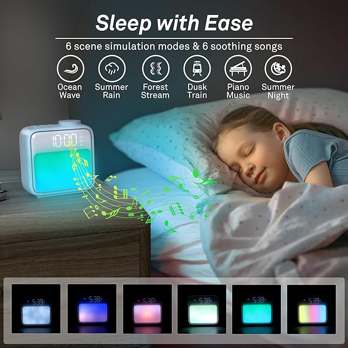 AIRIVO Alarm Clock Night Lights, Rechargeable Alarm Clock for Bedrooms, 6 Scenes & White Noise Sync, Dual Alarms & Snooze, for Heavy Sleepers, Gifts for Kids Teens (Blue)
