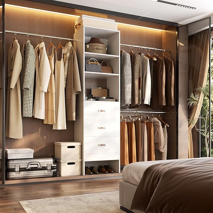 96'' Closet Organizer System with 3 Hanging Rods, 8FT Closet Organizers and Storage with 3 Wooden Drawers, Built in Closet Organizer Systems, Adjustable Walk-in Wardrobe from 5-8FT, White