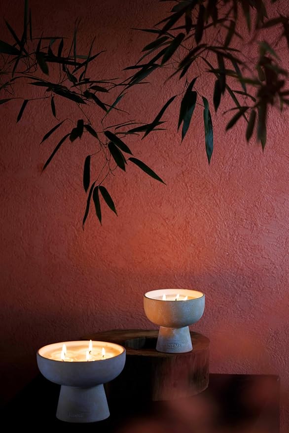 Blueme Romance Candle | Oakmoss & Sandalwood | 3 Wick - Refillable Wellness Candle with Essential Oils, Hand Finished & Poured Soy Wax Blend Ceramic Vessel, Natural Cotton Wicks | Medium 12 oz