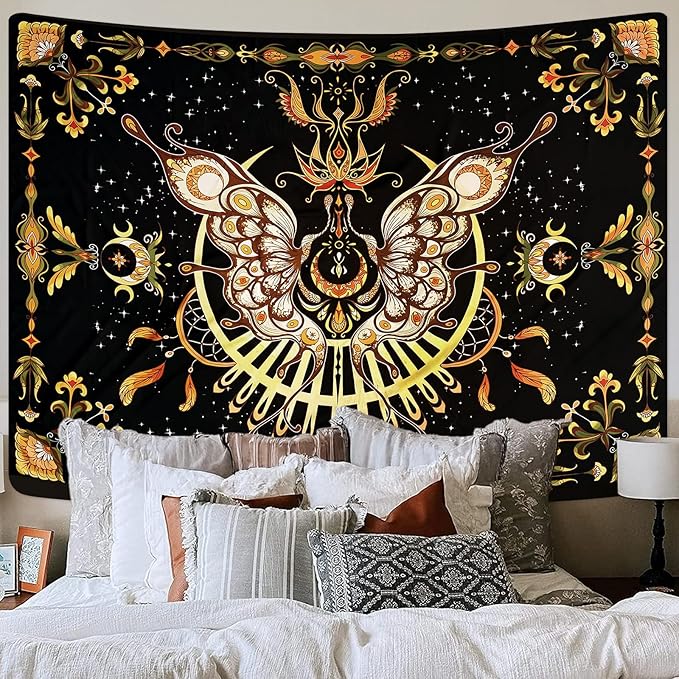 CHDGDHC Butterfly Moth Tapestry,Hippie Floral Aesthetic Wall Tapestries, Psychedelic Aesthetic Decor, Large Tapestry for Bedrooms, Living Rooms, and Dorms-39.37x29.92 Inch