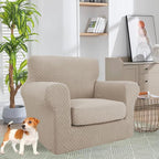YEMYHOM Latest Checkered 2 Pieces Chair Covers for Living Room High Stretch Thickened Chair Slipcovers with Arms Anti Slip Elastic Armchair Sofa Couch Slipcover Protector (Khaki), 31"-46"(1 Cushion)