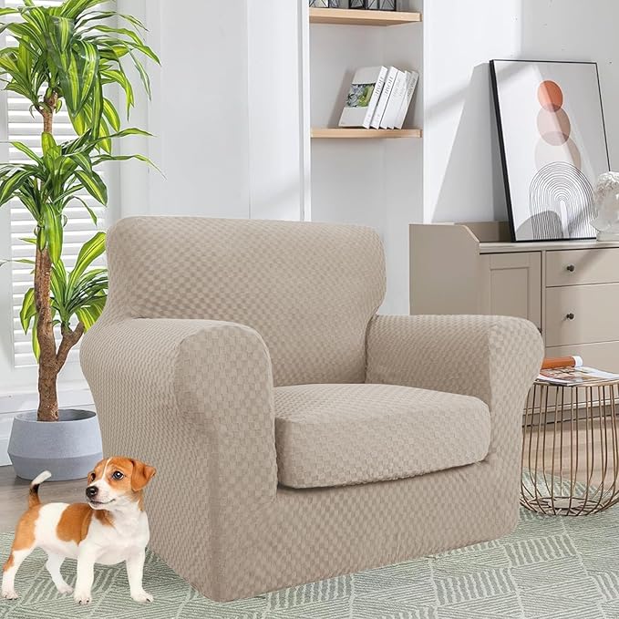 YEMYHOM Latest Checkered 2 Pieces Chair Covers for Living Room High Stretch Thickened Chair Slipcovers with Arms Anti Slip Elastic Armchair Sofa Couch Slipcover Protector (Khaki), 31"-46"(1 Cushion)