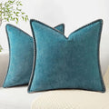 decorUhome Spring Chenille Soft Cozy Throw Pillow Covers 18x18 Set of 2, Modern Farmhouse Boho Velvet Decorative Pillow Cases with Stitched Edge for Couch Sofa Bed Home Decor, Teal