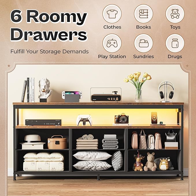 Huuger LED TV Stand for Bedroom, 55 Inch Fabric Dresser with Power Outlets, Entertainment Center for 60, 55 Inch TV, 6 Drawer Dresser for Bedroom, Chest of Drawers with Shlef, PU Leather, Rustic Brown