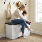 2-Tier Storage Bench, 27.6" Wide Shoe Bench with Padded Seat Cushion, Entryway Bench with 2 Barn Doors and Adjustable Shelf, White
