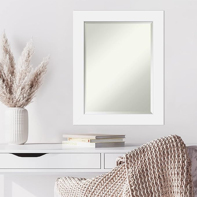 Amanti Art White Wall Mirror 29x23 Corvino White Rectangle Bathroom Mirror for Wall Decor Living Room, Medium Modern Wood Frame, Hangs Horizonally and Vertically, Bathroom Decor, Beveled Edge