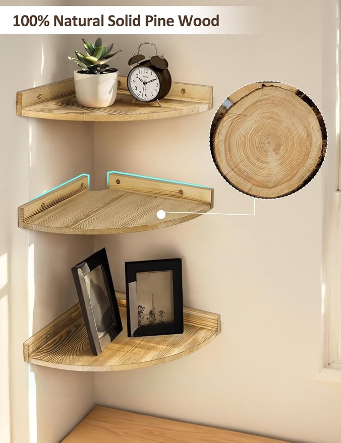 Corner Shelves Wall Mount, Farmhouse Rustic Corner Floating Shelf with Cord Hole, Wooden Storage Organizer Corner Wall Shelves for Kitchen Bathroom Living Room Bedroom Laundry, 12x12 Inch