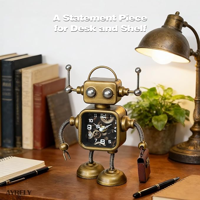 AYRELY® Industrial Steampunk Robot Table Clock,Battery Operated Handcrafted Metal Desk&Shelf Clock,Retro Mechanical Decorative Clock for Home,Living Room,Fireplace Decor
