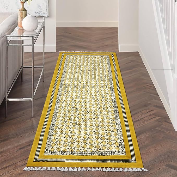 Kilim Runner 4x20 Cotton Runner Rug Yellow & Beige Indoor Outdoor Runner 0.19 inches Stone Easy Washable Hand Wash Cotton Carpet Flatweave Runner Rugs for Hallway, Staircases, Corridor Runner