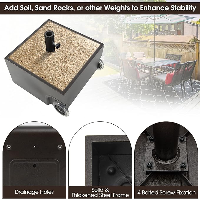 Giantex 170lbs Filled Umbrella Base with Wheels, Heavy Duty Umbrella Stand with Fillable Planter, Drainage Holes, Outdoor Market Umbrella Holder for Patio Garden Deck Pool (Dark Brown)