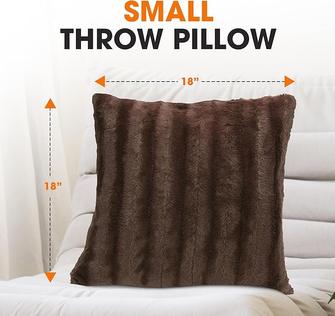 Cheer Collection Faux Fur Throw Pillows - Decorative Pillows for Couch, Bed Throw Pillows, Chocolate Accent Pillows for Bedroom or Living Room Aesthetic, Set of 2 Furry Throw Pillows, 18”x18”