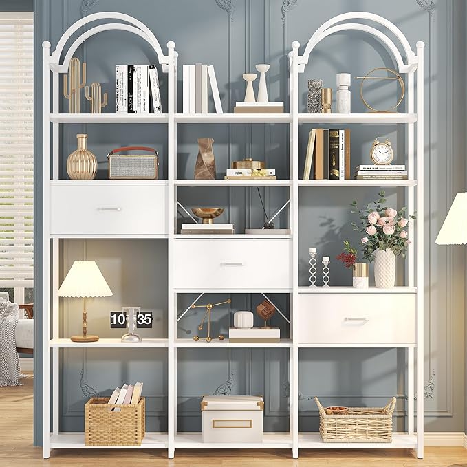 Semoic 83.5" Tall Arched Bookshelf, Triple Wide 6-Tier Large Open Book Shelf with 3 Drawers Storage, Etagere Bookcase with Display Shelf, Industrial Bookshelf with Metal Frame for Living Room, White