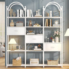 Semoic 83.5" Tall Arched Bookshelf, Triple Wide 6-Tier Large Open Book Shelf with 3 Drawers Storage, Etagere Bookcase with Display Shelf, Industrial Bookshelf with Metal Frame for Living Room, White