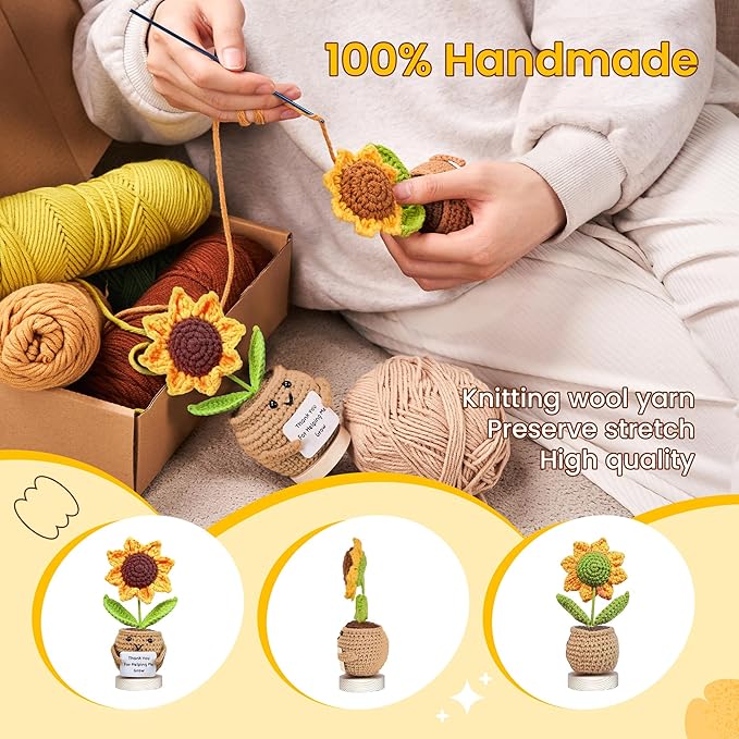 Gossby Handmade Positive Sunflower Doll Crochet with Card - Thank You for Helping Me Grow - Teacher Appreciation Gift from Student - Christmas, Birthday, Graduation, Thank You Gift for Teacher