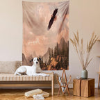 Ambesonne Eagle Tapestry, Nature Photography of Rocky Mountains and Forest a Bird Flying over It, Wall Hanging for Bedroom Living Room Dorm Decor, 60" X 80", Rose Green
