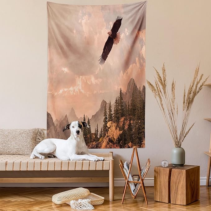 Ambesonne Eagle Tapestry, Nature Photography of Rocky Mountains and Forest a Bird Flying over It, Fabric Wall Hanging Decor for Bedroom Living Room Dorm, 23" X 28", Rose Green