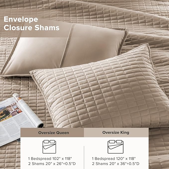 Comfort Spaces - CS13-0933 Kienna Quilt Coverlet Bedspread Ultra Soft Hypoallergenic All Season Lightweight Filling Stitched Bedding Set, Oversized Queen(102"x118"), Taupe 3 Piece