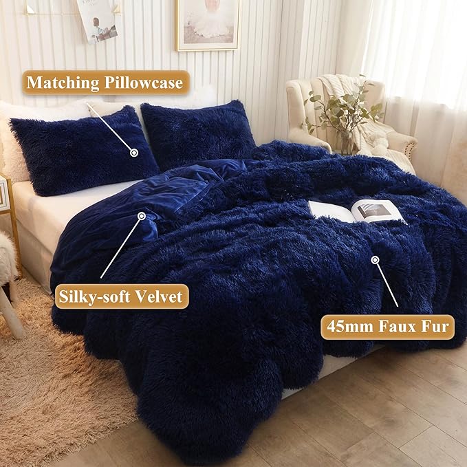 XeGe Plush Shaggy Duvet Cover Set, Luxury Ultra Soft Crystal Velvet Fluffy Bedding Sets 3 Pieces(1 Furry Faux Fur Comforter Cover + 2 Fuzzy Faux Fur Pillowcases), Zipper Closure(Queen, Navy Blue)