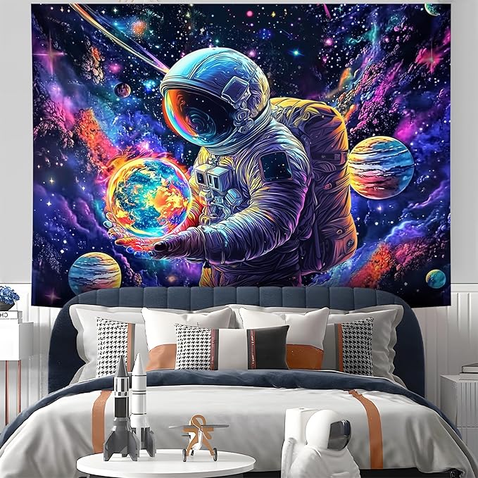 NYZE Astronaut Space Tapestry for Bedroom, Glow in the Dark Room Decor Wall Tapestries, Cool Galaxy Planet Wall Hanging, Wall Hanging for Men Guys Gamer Room Dorm Living Room 90in x 70in