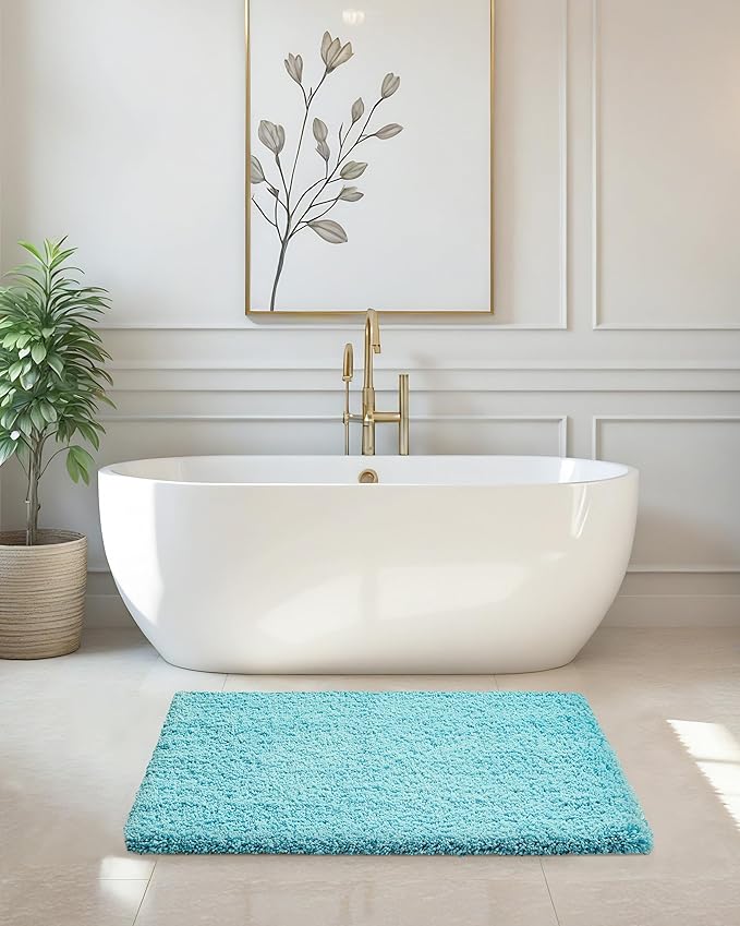 ILANGO Teal Bathroom Rugs 24" × 17" Small Non Slip & Super Absorbent Extra Thick Soft, Washable Bath Mat for Floor, Microfiber Plush Shaggy Bath Rug with Rubber for Bathtub Shower Room Sink